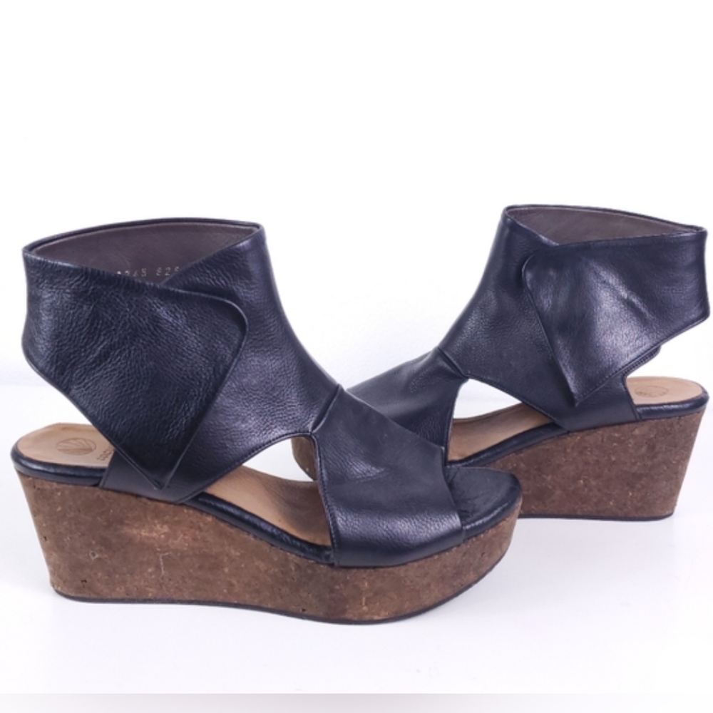 COCLICO Black Leather Cork Wedge Sandals